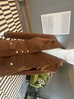 Joie Brown Suede Military-Inspired Blazer with Gold Buttons